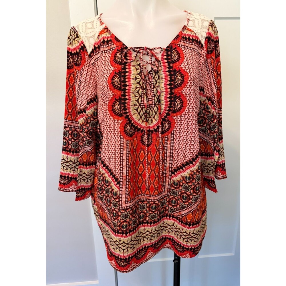 FIG &  FLOWER Womens TOP Boho ORANGE Yellow 3/4 Sleeve GEOMETRIC w/ Lace Size 1X